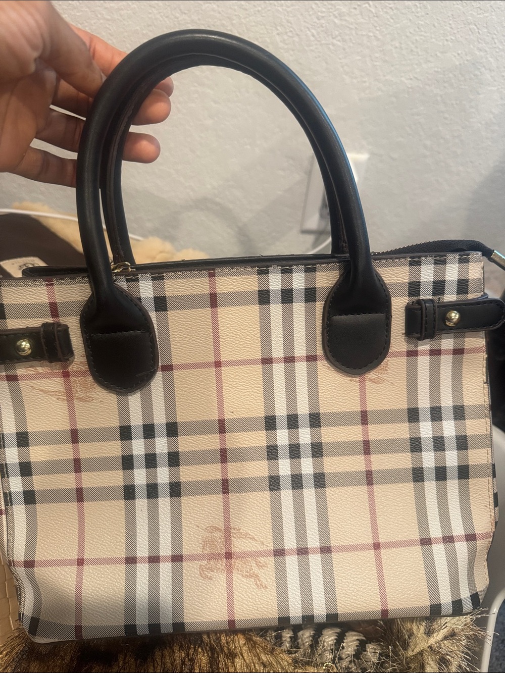 Burberry Beige Plaid Satchel with Black Handles